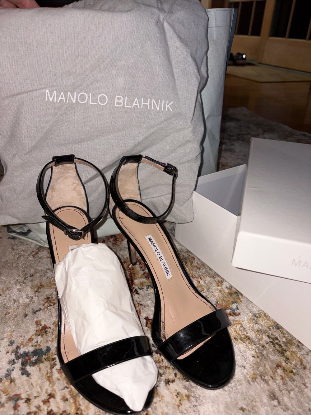 Manolo Blahnik Black Patent Leather Ankle-Strap Stiletto Heels